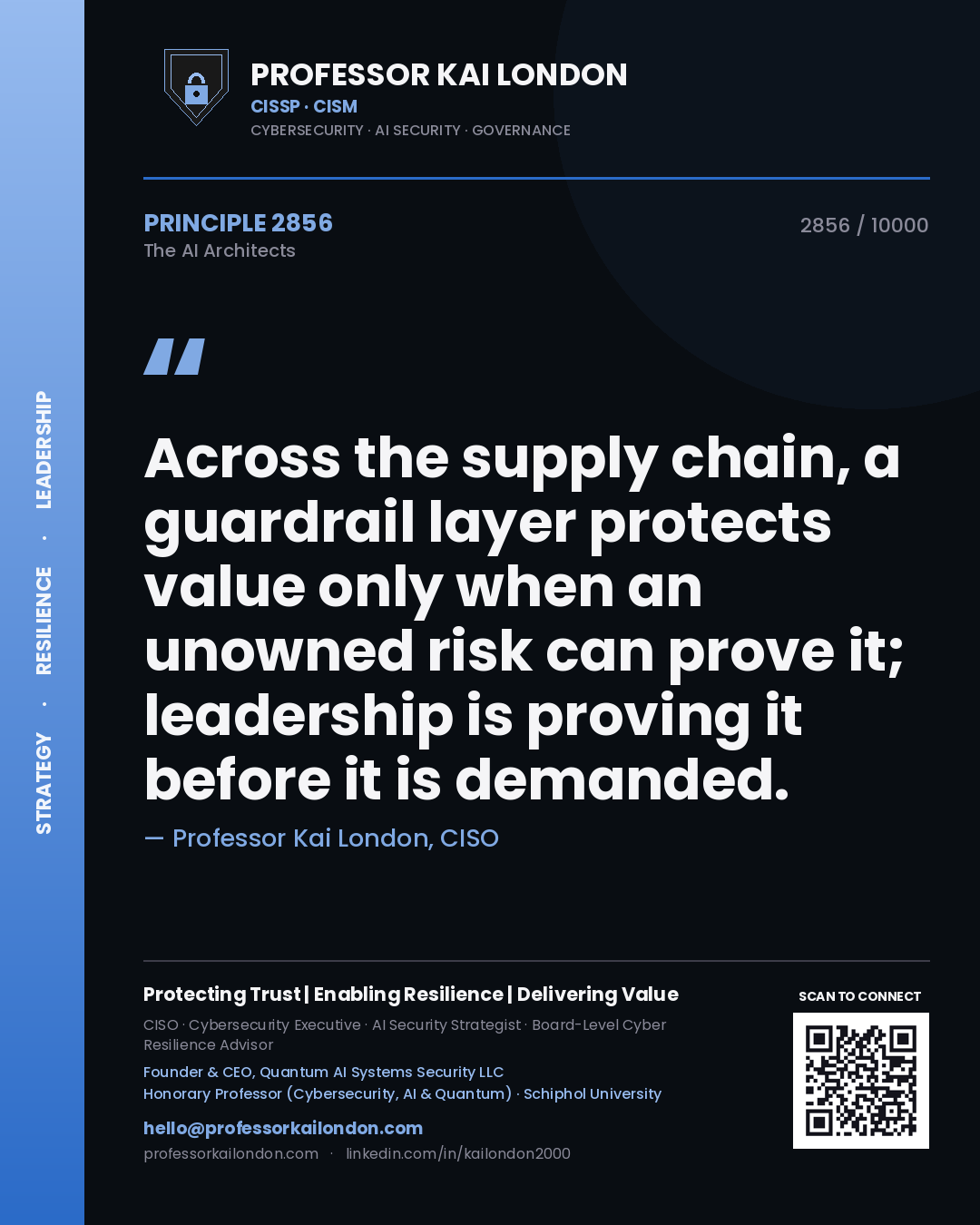 Quote card by Professor Kai London reading 'Across the supply chain, a guardrail layer protects value only when an unowned risk can prove it; leadership is proving it before it is demanded.'. From the book The AI Architects.