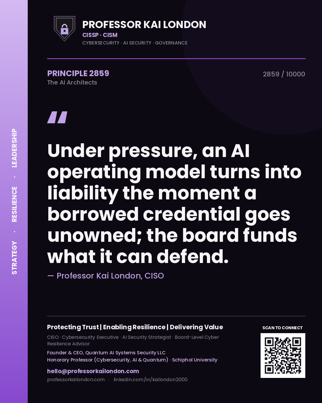 Quote card by Professor Kai London reading 'Under pressure, an AI operating model turns into liability the moment a borrowed credential goes unowned; the board funds what it can defend.'. From the book The AI Architects.