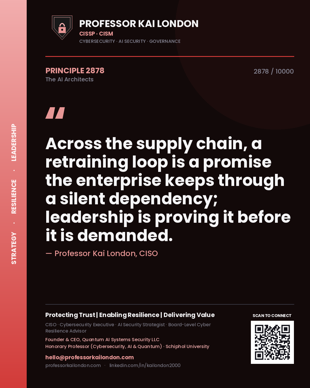 Quote card by Professor Kai London reading 'Across the supply chain, a retraining loop is a promise the enterprise keeps through a silent dependency; leadership is proving it before it is demanded.'. From the book The AI Architects.