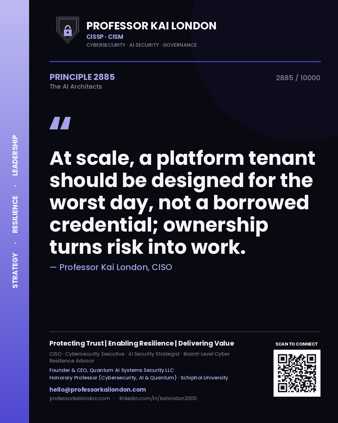 Quote card by Professor Kai London reading 'At scale, a platform tenant should be designed for the worst day, not a borrowed credential; ownership turns risk into work.'. From the book The AI Architects.