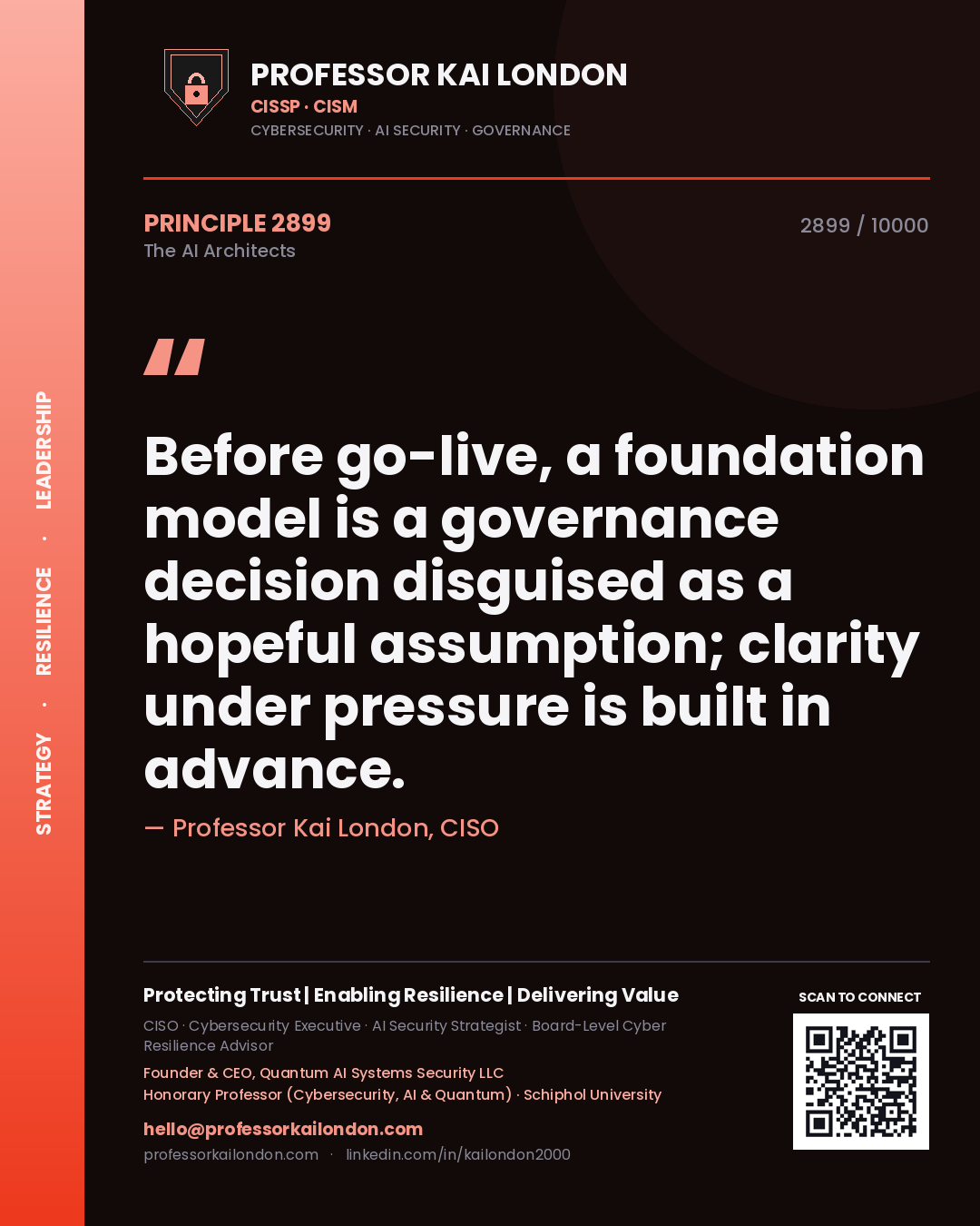 Quote card by Professor Kai London reading 'Before go-live, a foundation model is a governance decision disguised as a hopeful assumption; clarity under pressure is built in advance.'. From the book The AI Architects.
