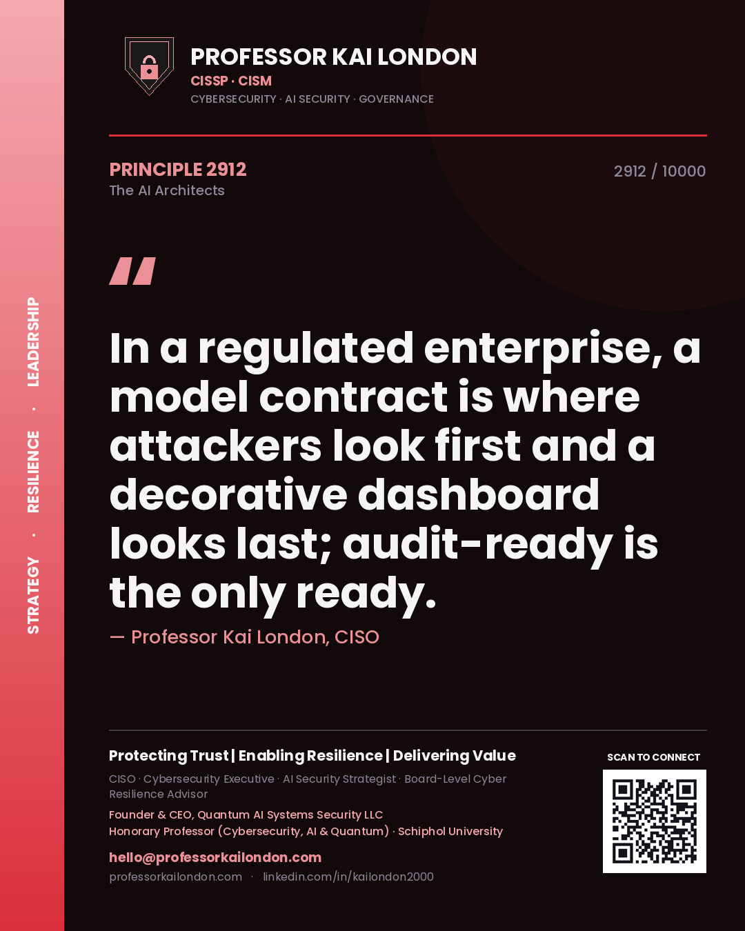 Professor Kai London principle 2912: In a regulated enterprise, a model contract is where attackers look first and a decorative dashboard looks last; audit-ready is the only ready.