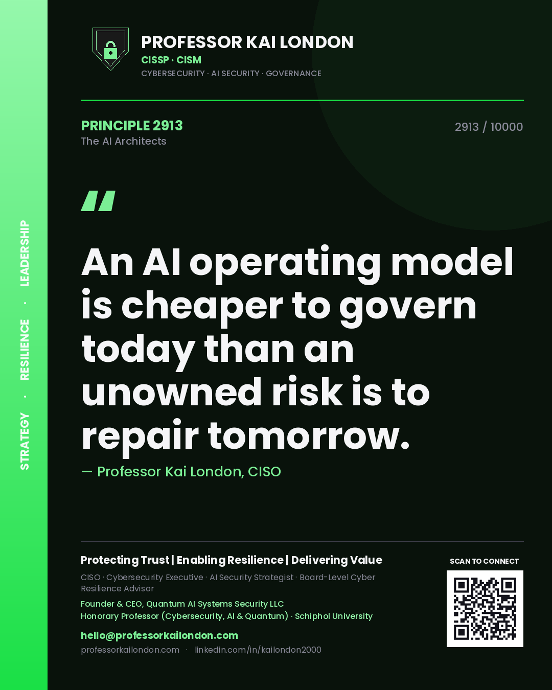 Professor Kai London principle 2913: An AI operating model is cheaper to govern today than an unowned risk is to repair tomorrow.