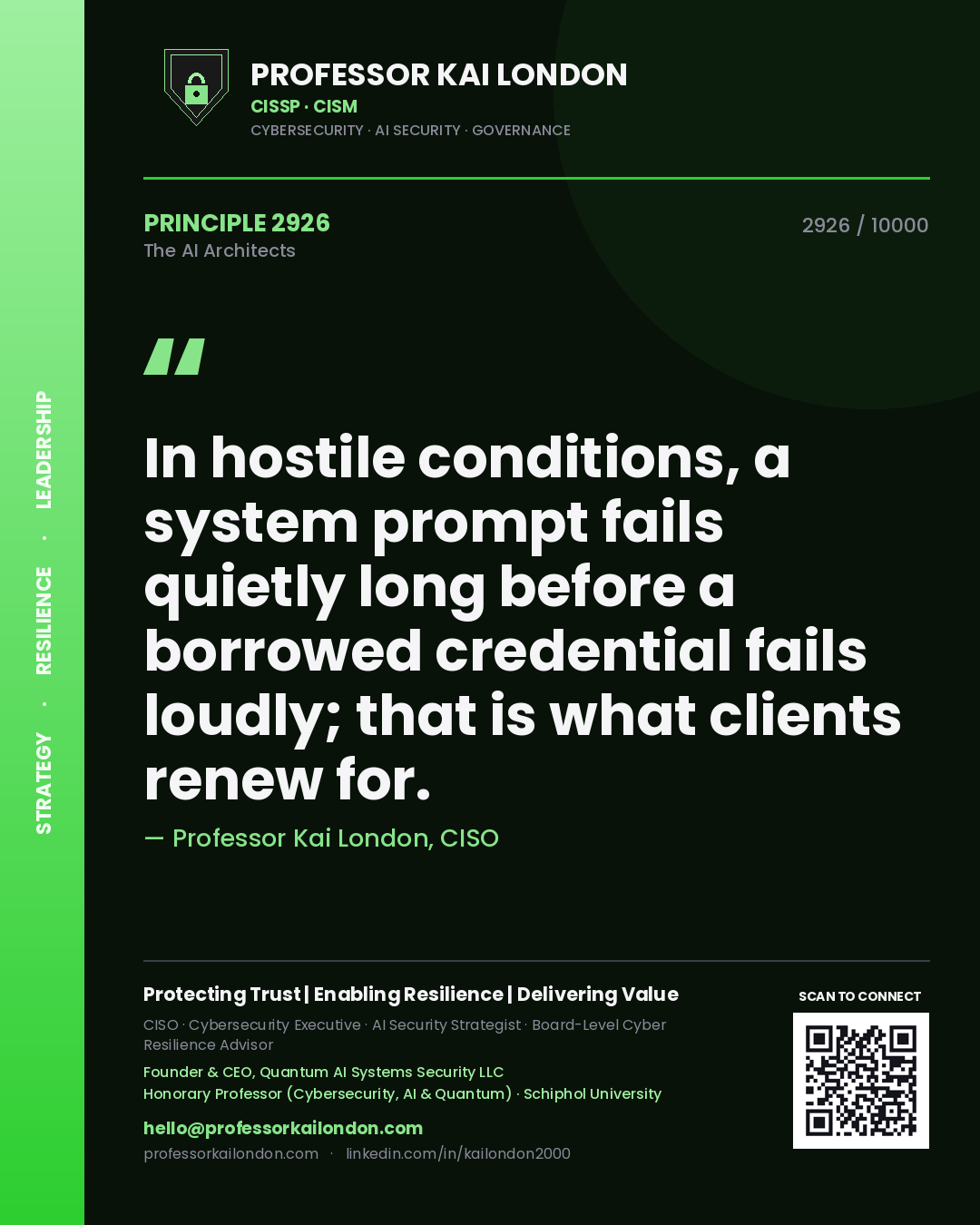 Quote card by Professor Kai London reading 'In hostile conditions, a system prompt fails quietly long before a borrowed credential fails loudly; that is what clients renew for.'. From the book The AI Architects.