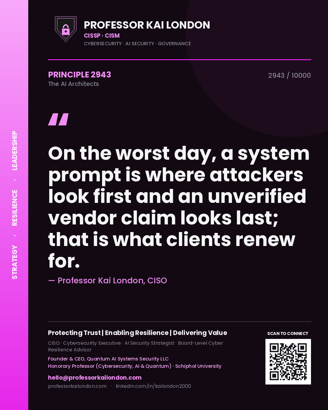 Quote card by Professor Kai London reading 'On the worst day, a system prompt is where attackers look first and an unverified vendor claim looks last; that is what clients renew for.'. From the book The AI Architects.