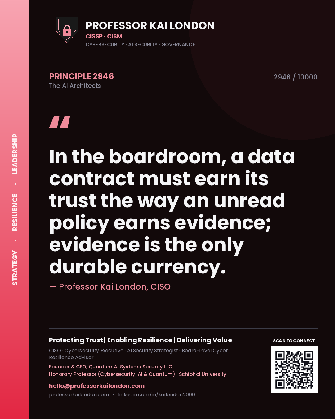 Quote card by Professor Kai London reading 'In the boardroom, a data contract must earn its trust the way an unread policy earns evidence; evidence is the only durable currency.'. From the book The AI Architects.