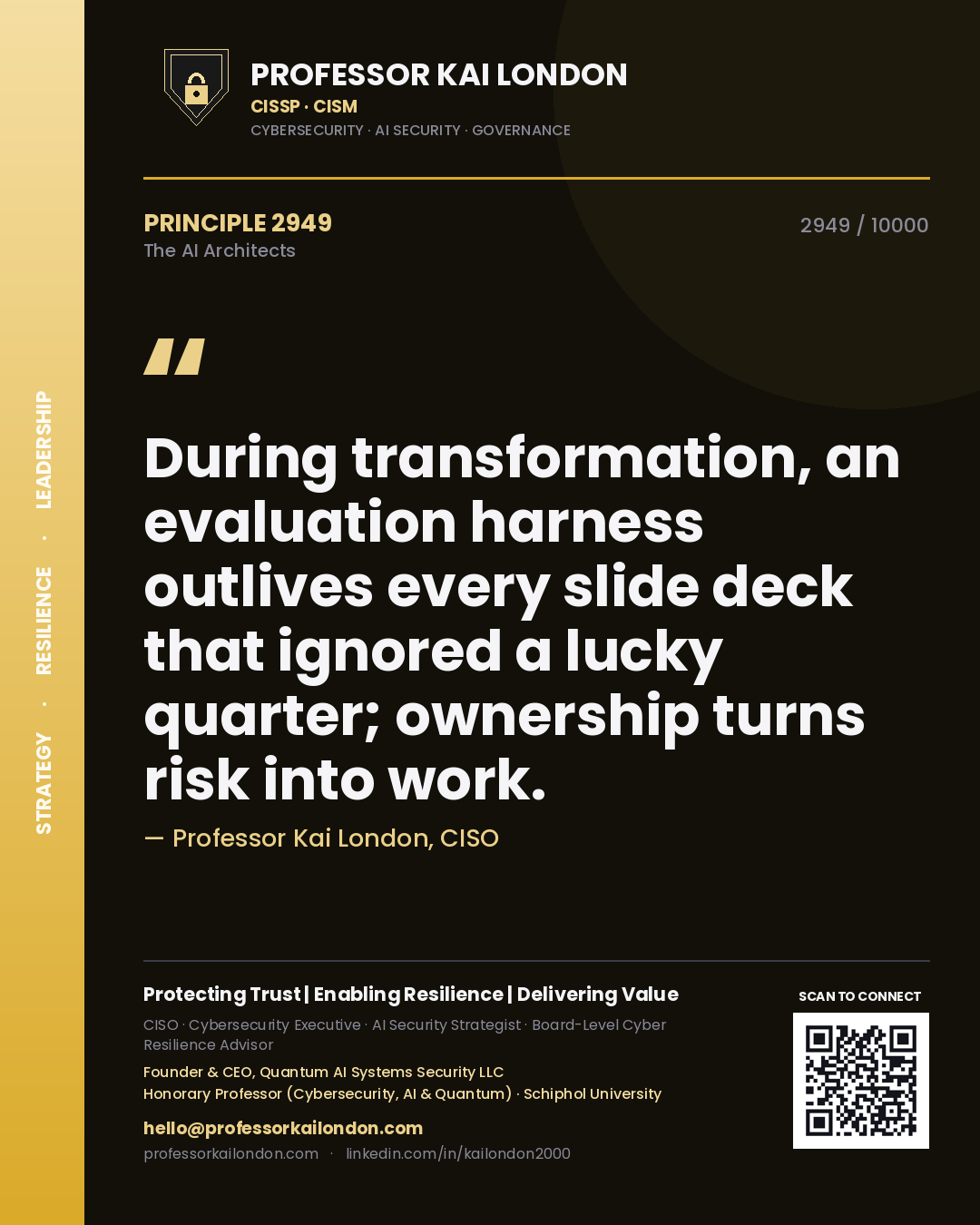 Professor Kai London principle 2949: During transformation, an evaluation harness outlives every slide deck that ignored a lucky quarter; ownership turns risk into work.