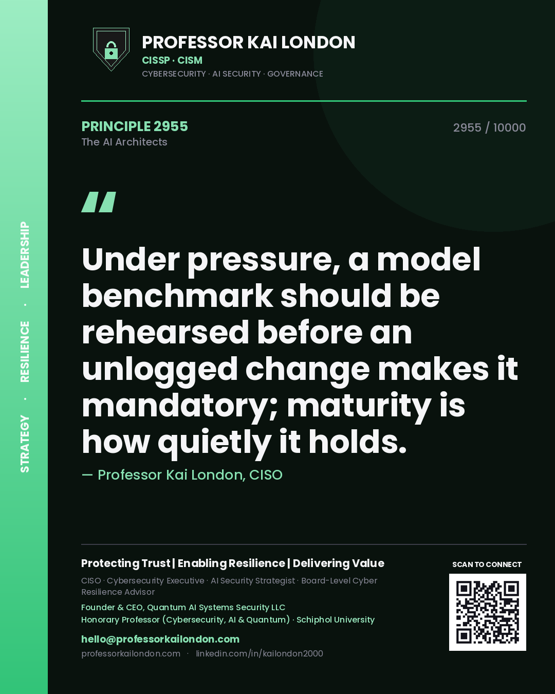 Professor Kai London principle 2955: Under pressure, a model benchmark should be rehearsed before an unlogged change makes it mandatory; maturity is how quietly it holds.