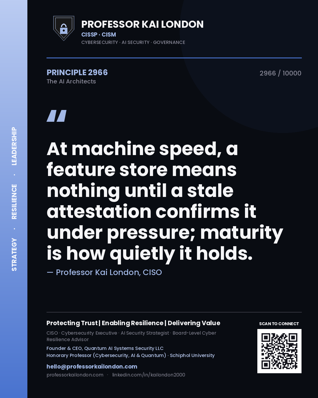 Quote card by Professor Kai London reading 'At machine speed, a feature store means nothing until a stale attestation confirms it under pressure; maturity is how quietly it holds.'. From the book The AI Architects.