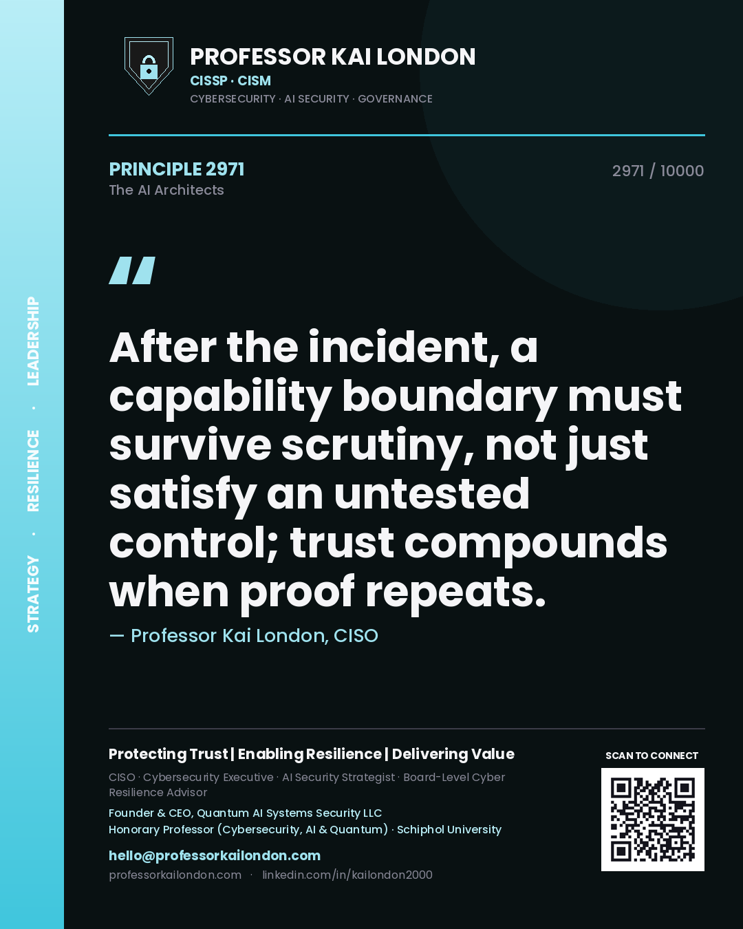 Quote card by Professor Kai London reading 'After the incident, a capability boundary must survive scrutiny, not just satisfy an untested control; trust compounds when proof repeats.'. From the book The AI Architects.