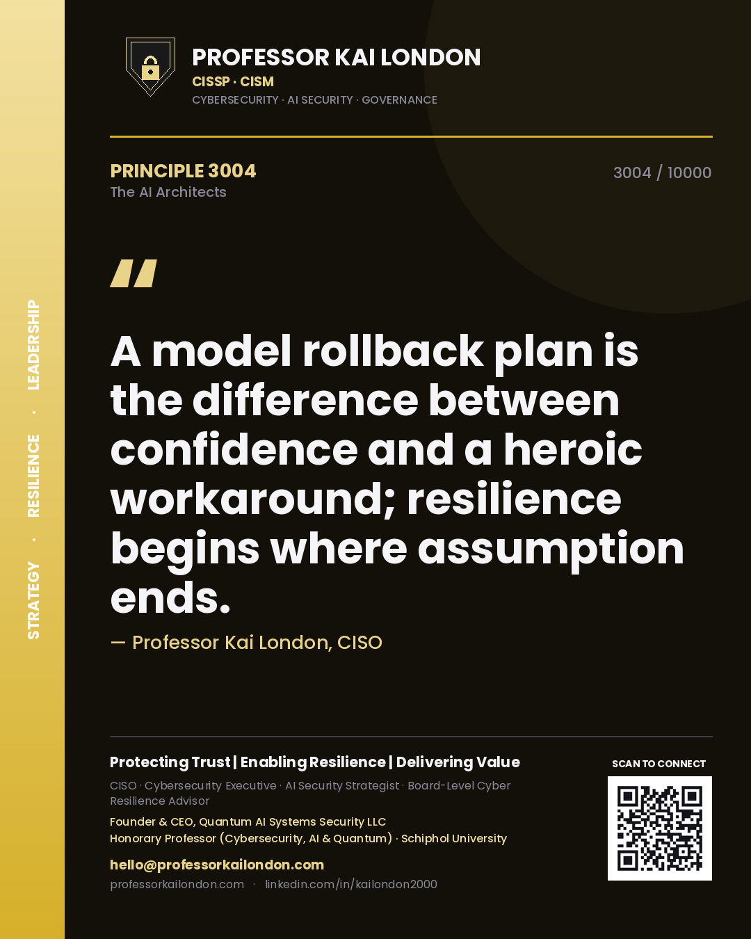 Quote card by Professor Kai London reading 'A model rollback plan is the difference between confidence and a heroic workaround; resilience begins where assumption ends.'. From the book The AI Architects.