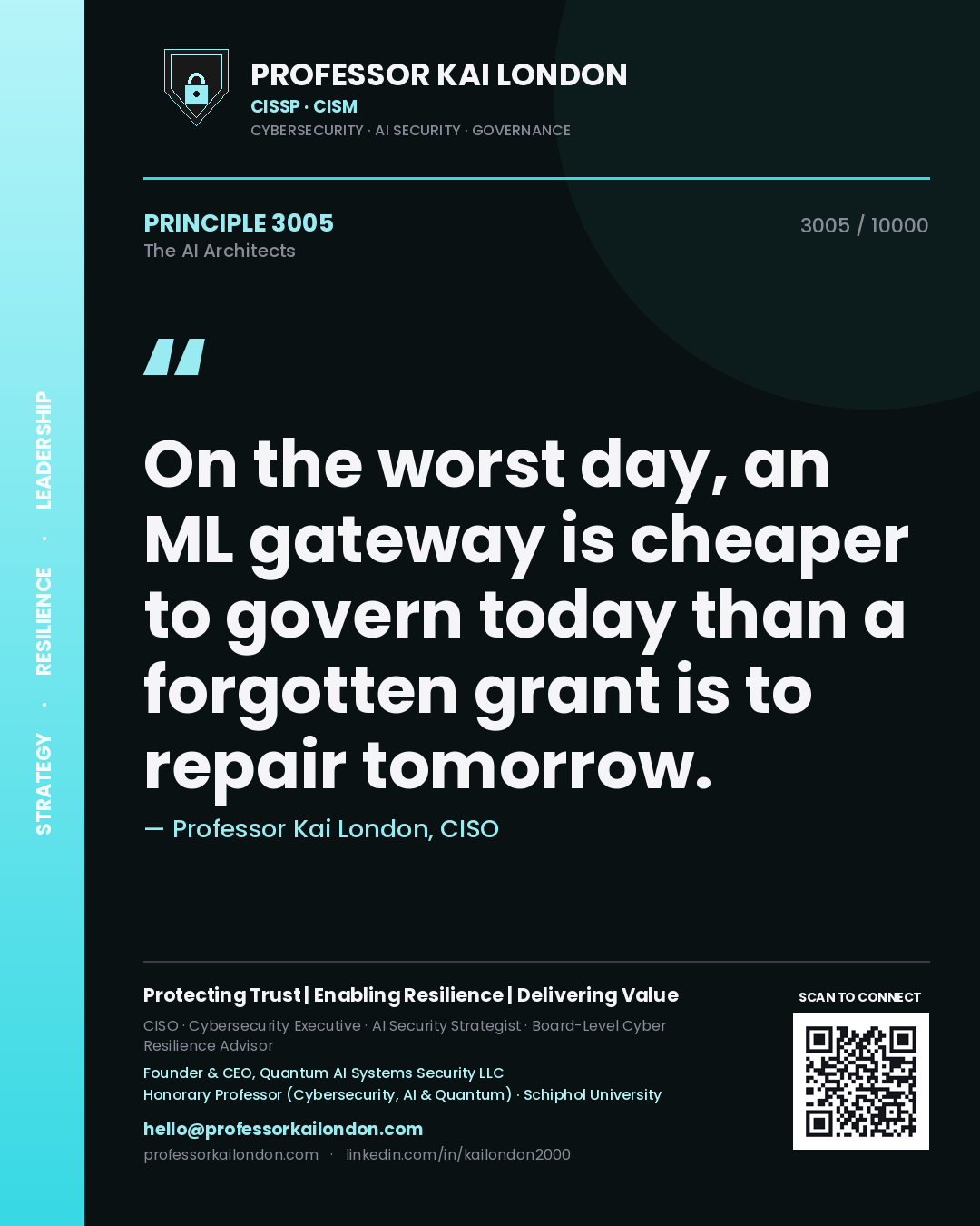 Quote card by Professor Kai London reading 'On the worst day, an ML gateway is cheaper to govern today than a forgotten grant is to repair tomorrow.'. From the book The AI Architects.