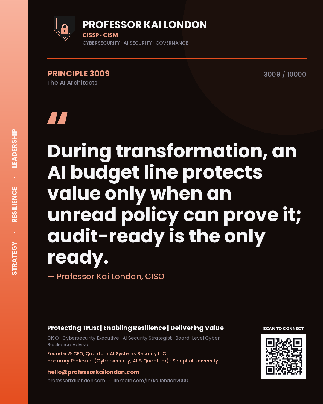 Quote card by Professor Kai London reading 'During transformation, an AI budget line protects value only when an unread policy can prove it; audit-ready is the only ready.'. From the book The AI Architects.