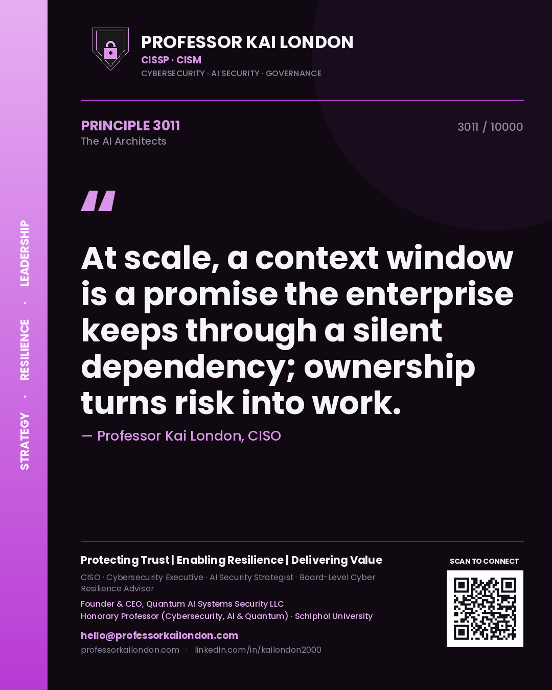 Quote card by Professor Kai London reading 'At scale, a context window is a promise the enterprise keeps through a silent dependency; ownership turns risk into work.'. From the book The AI Architects.