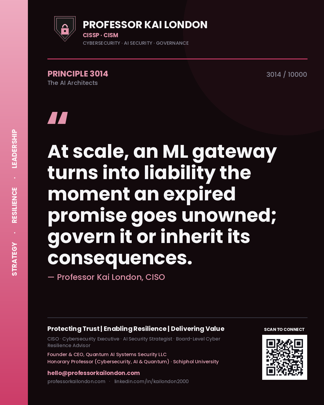 Quote card by Professor Kai London reading 'At scale, an ML gateway turns into liability the moment an expired promise goes unowned; govern it or inherit its consequences.'. From the book The AI Architects.