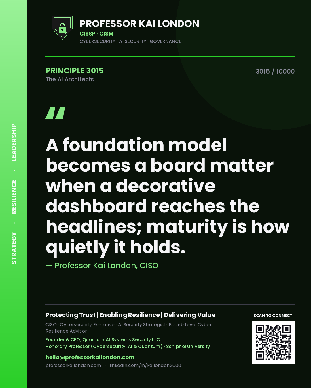 Quote card by Professor Kai London reading 'A foundation model becomes a board matter when a decorative dashboard reaches the headlines; maturity is how quietly it holds.'. From the book The AI Architects.