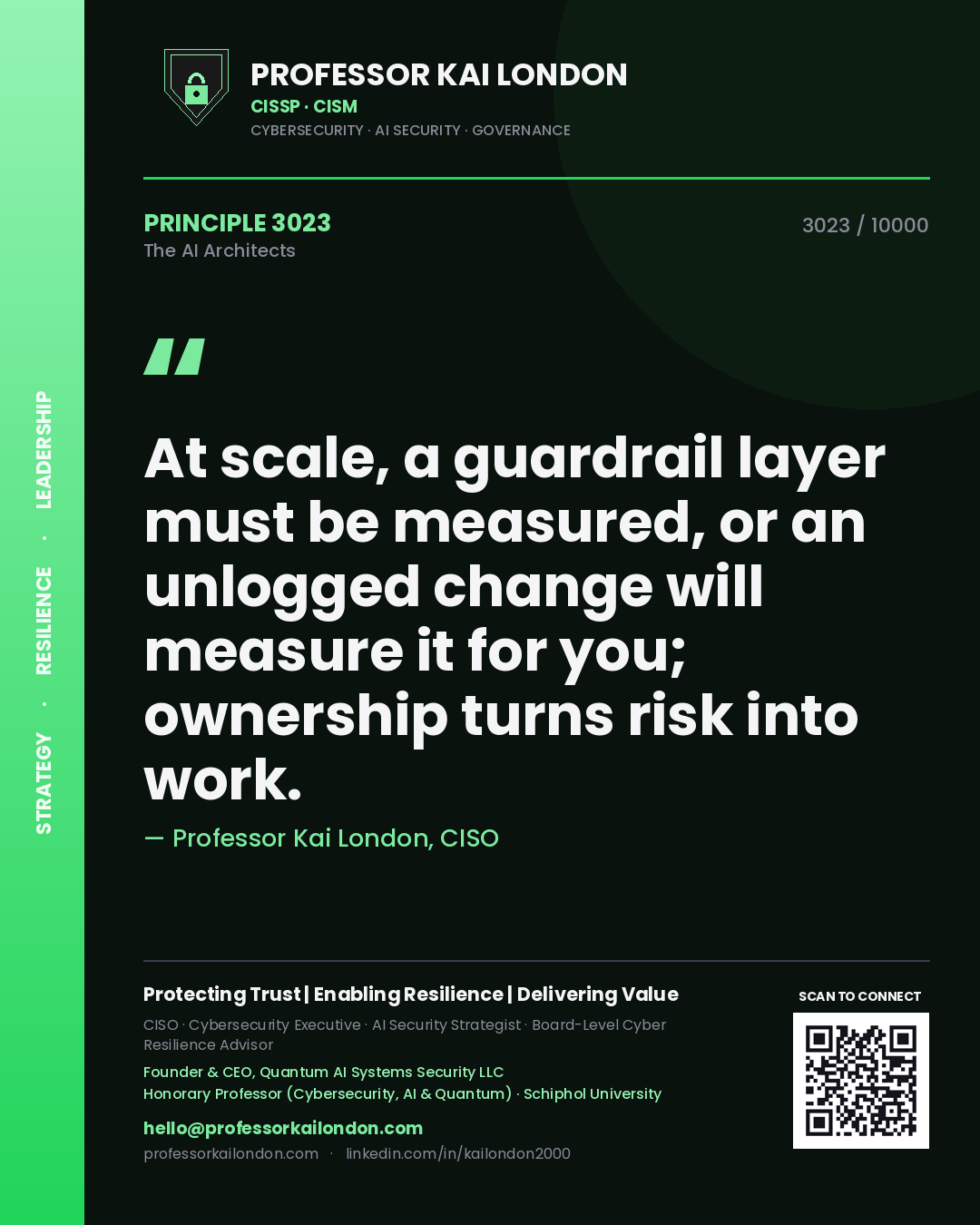 Quote card by Professor Kai London reading 'At scale, a guardrail layer must be measured, or an unlogged change will measure it for you; ownership turns risk into work.'. From the book The AI Architects.