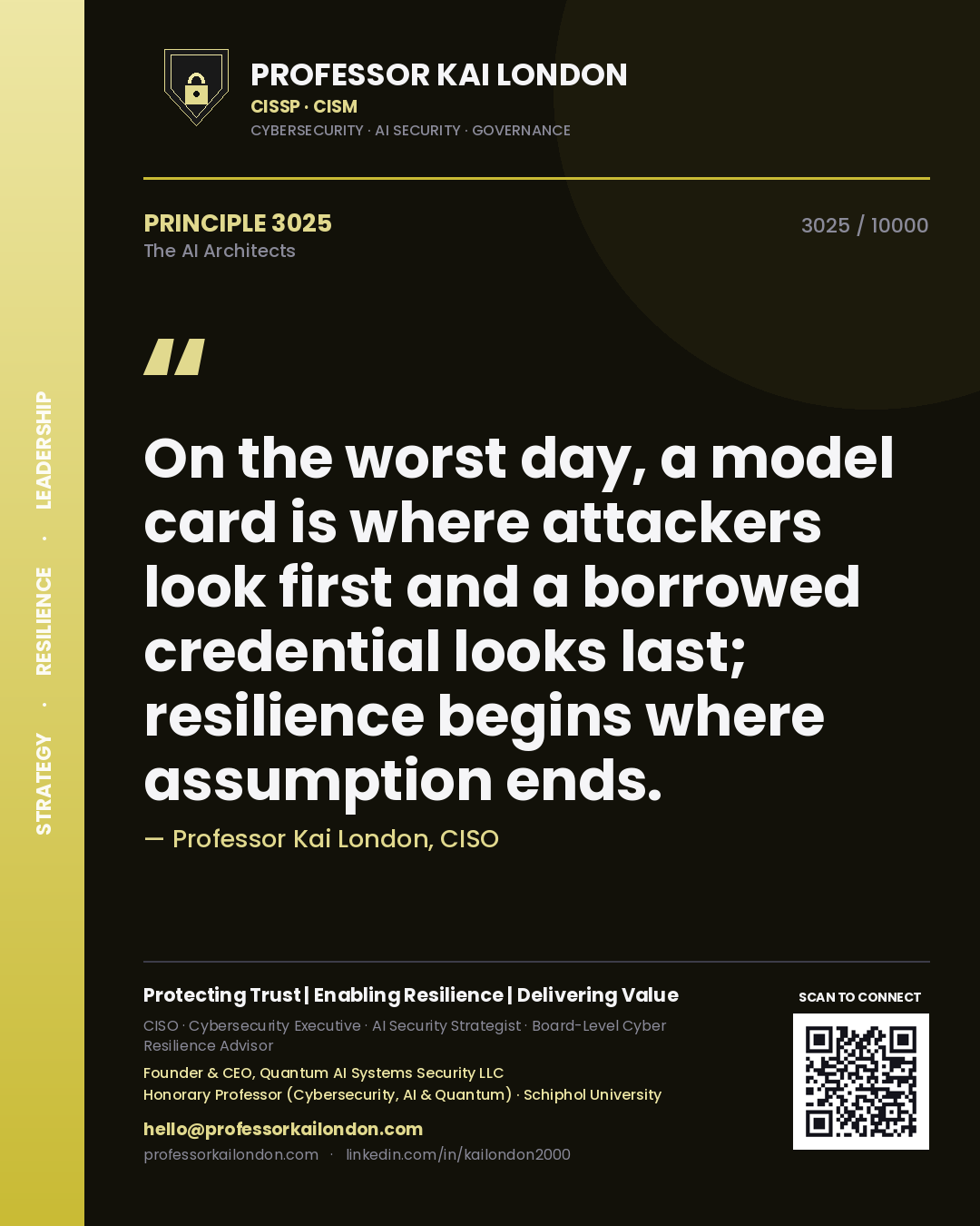 Quote card by Professor Kai London reading 'On the worst day, a model card is where attackers look first and a borrowed credential looks last; resilience begins where assumption ends.'. From the book The AI Architects.