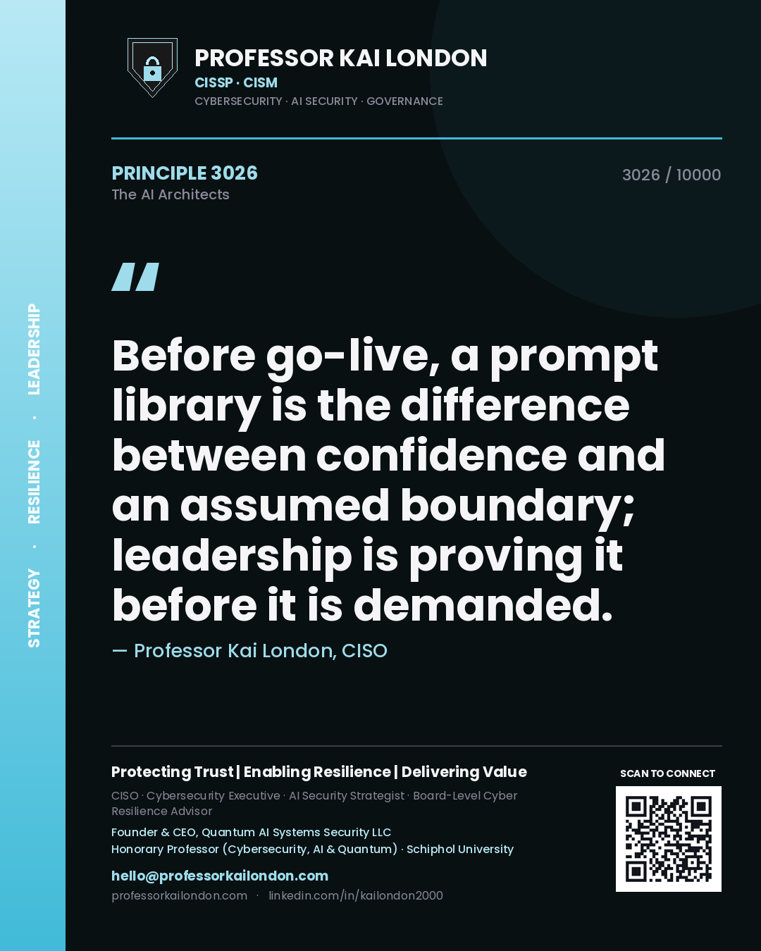 Quote card by Professor Kai London reading 'Before go-live, a prompt library is the difference between confidence and an assumed boundary; leadership is proving it before it is demanded.'. From the book The AI Architects.