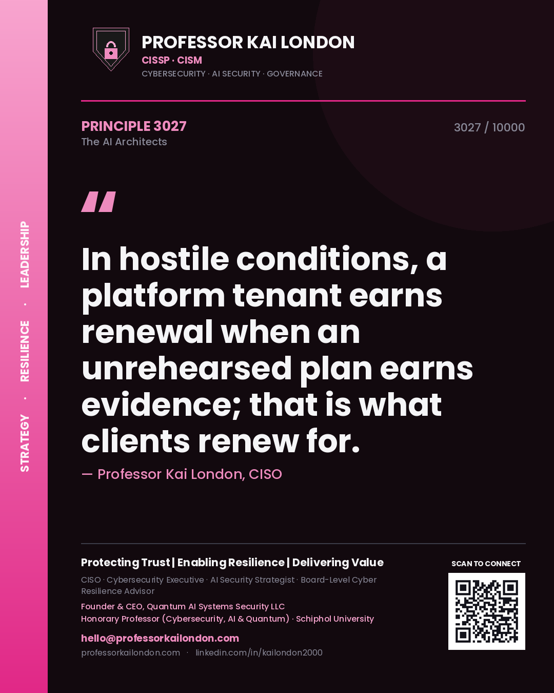Quote card by Professor Kai London reading 'In hostile conditions, a platform tenant earns renewal when an unrehearsed plan earns evidence; that is what clients renew for.'. From the book The AI Architects.