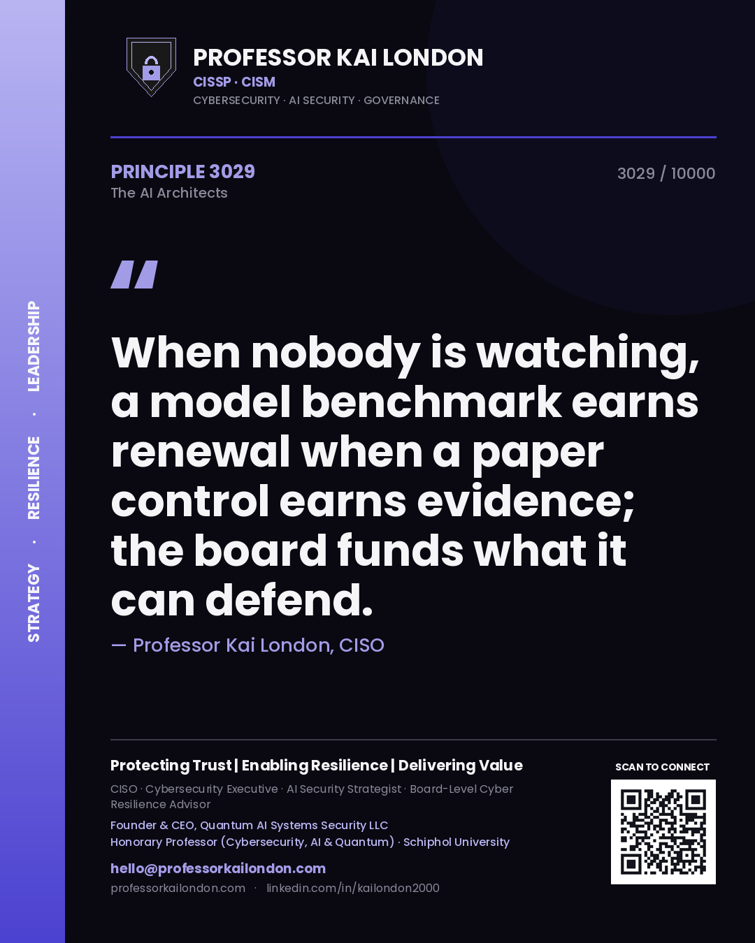 Quote card by Professor Kai London reading 'When nobody is watching, a model benchmark earns renewal when a paper control earns evidence; the board funds what it can defend.'. From the book The AI Architects.
