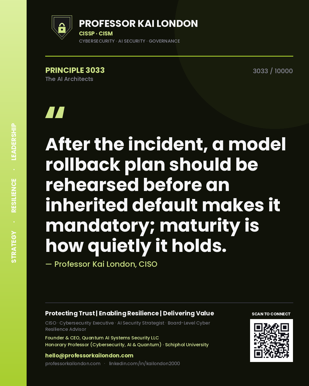 Quote card by Professor Kai London reading 'After the incident, a model rollback plan should be rehearsed before an inherited default makes it mandatory; maturity is how quietly it holds.'. From the book The AI Architects.