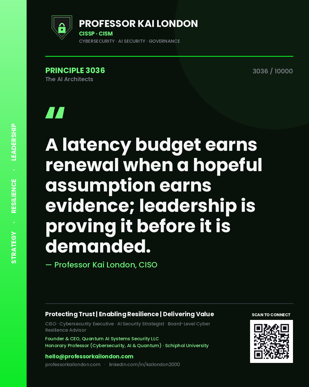 Quote card by Professor Kai London reading 'A latency budget earns renewal when a hopeful assumption earns evidence; leadership is proving it before it is demanded.'. From the book The AI Architects.
