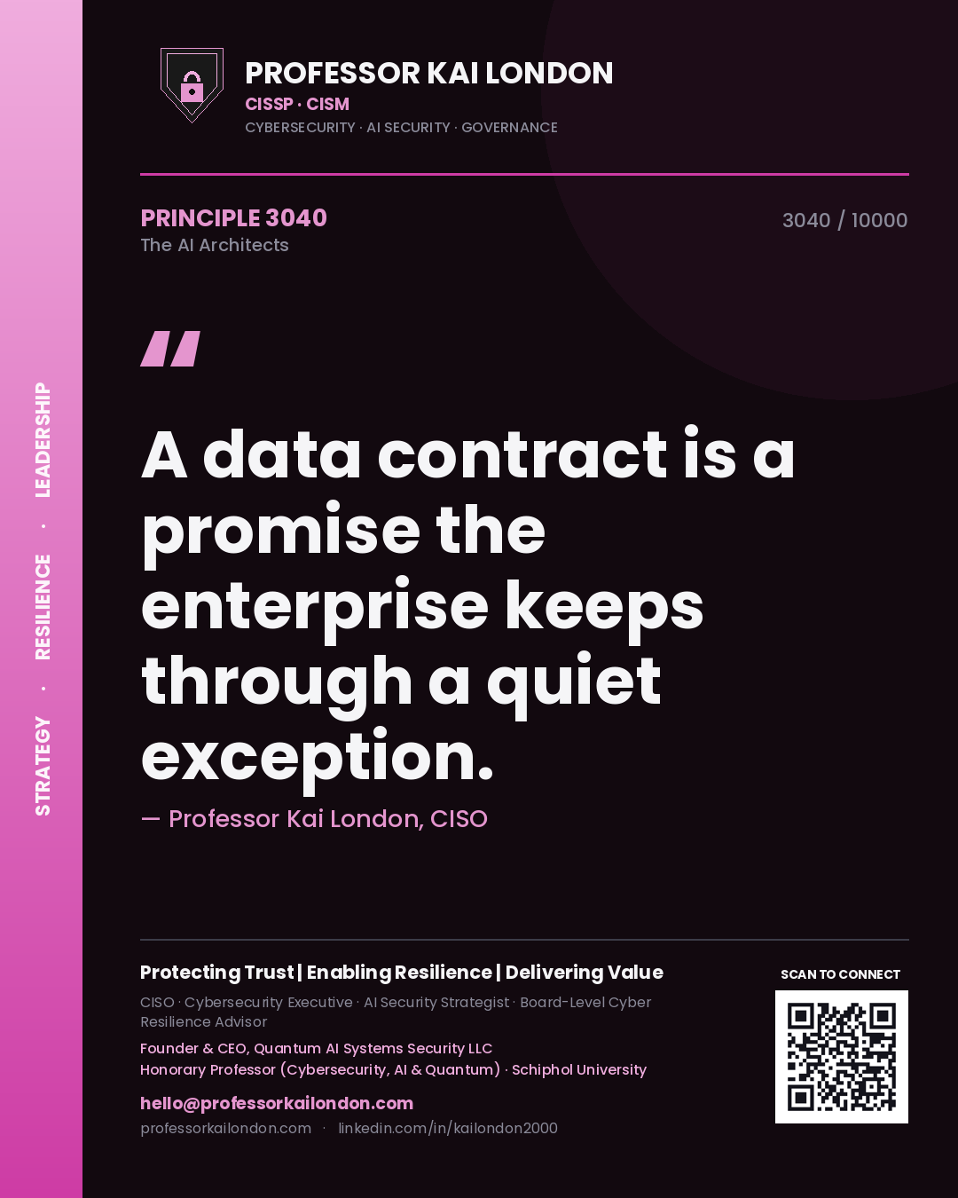 Quote card by Professor Kai London reading 'A data contract is a promise the enterprise keeps through a quiet exception.'. From the book The AI Architects.