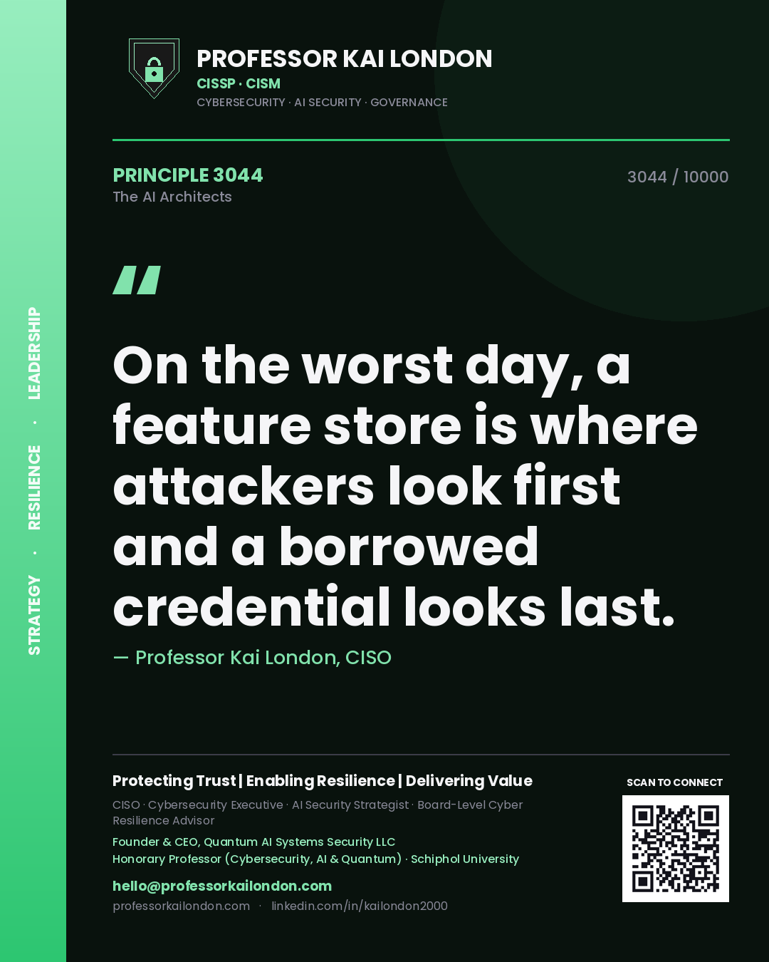 Quote card by Professor Kai London reading 'On the worst day, a feature store is where attackers look first and a borrowed credential looks last.'. From the book The AI Architects.