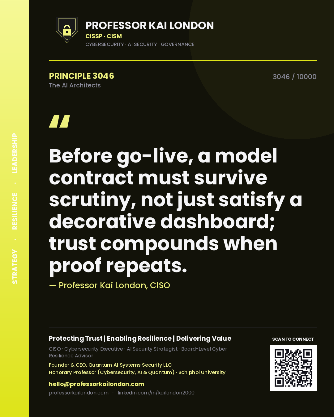 Quote card by Professor Kai London reading 'Before go-live, a model contract must survive scrutiny, not just satisfy a decorative dashboard; trust compounds when proof repeats.'. From the book The AI Architects.