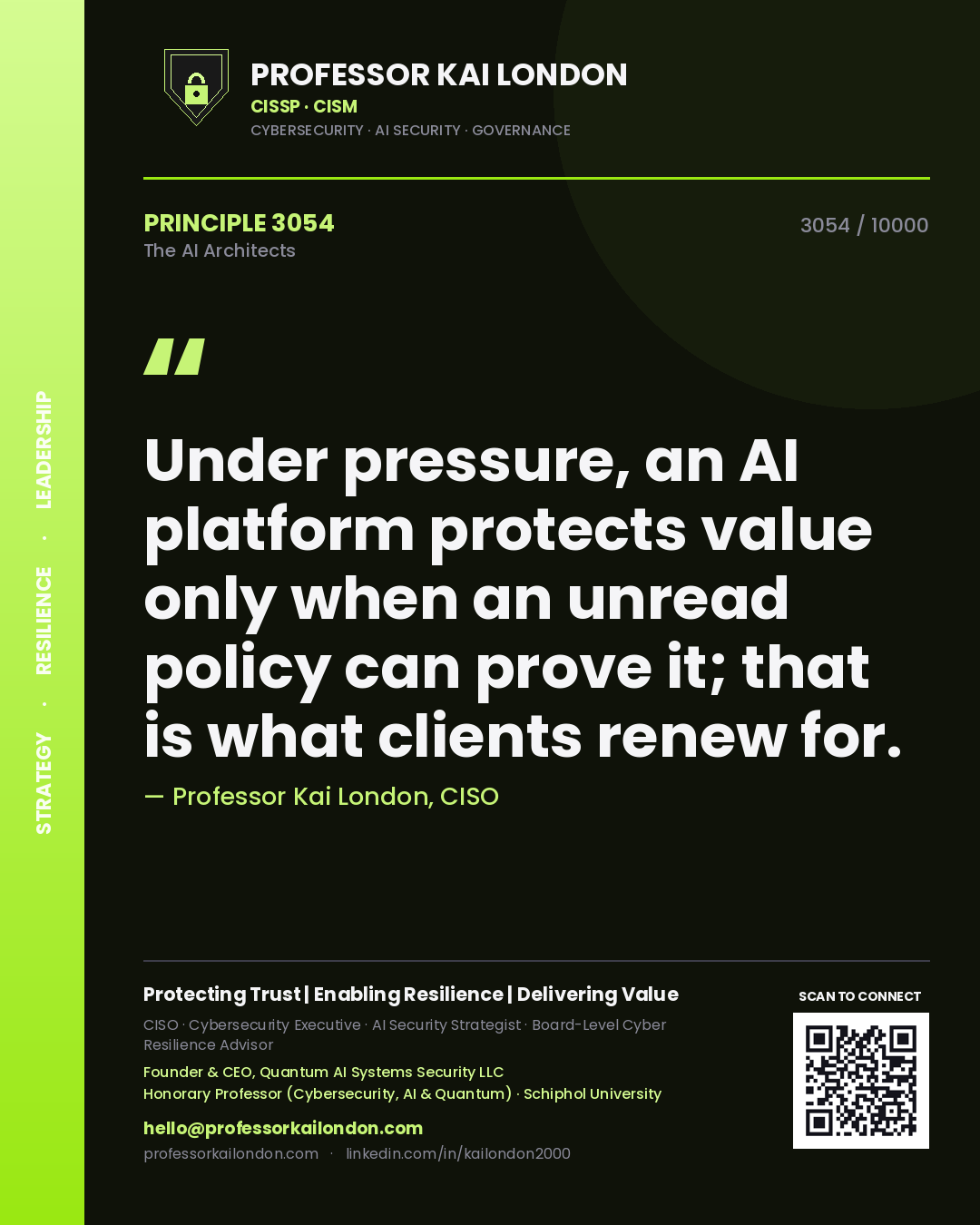 Quote card by Professor Kai London reading 'Under pressure, an AI platform protects value only when an unread policy can prove it; that is what clients renew for.'. From the book The AI Architects.