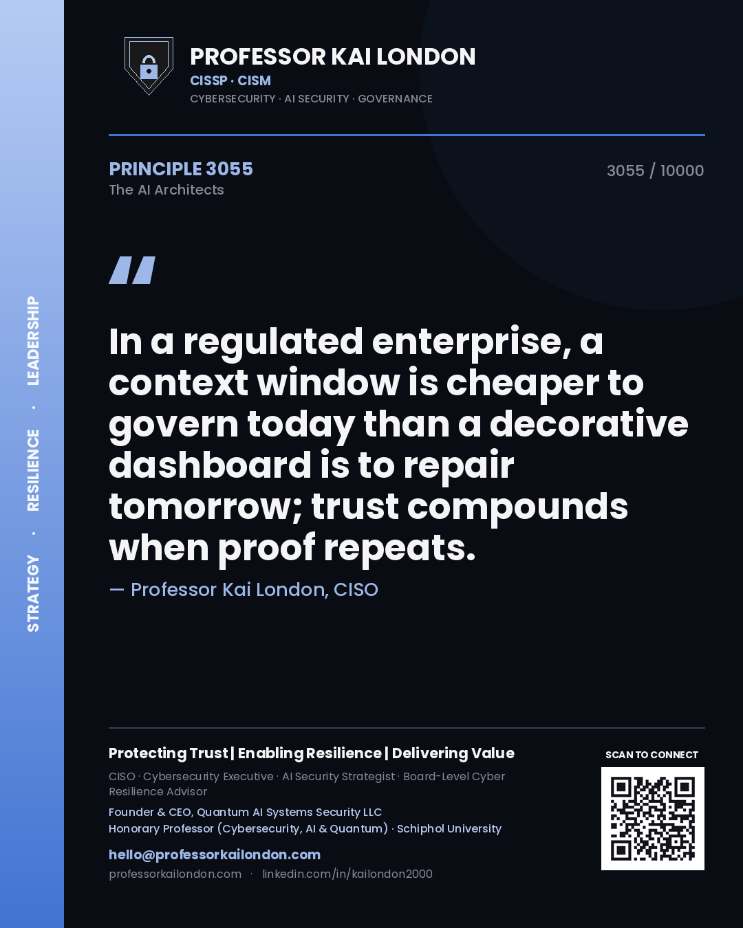 Quote card by Professor Kai London reading 'In a regulated enterprise, a context window is cheaper to govern today than a decorative dashboard is to repair tomorrow; trust compounds when proof repeats.'. From the book The AI Architects.