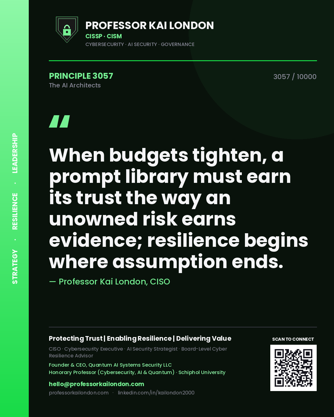 Quote card by Professor Kai London reading 'When budgets tighten, a prompt library must earn its trust the way an unowned risk earns evidence; resilience begins where assumption ends.'. From the book The AI Architects.