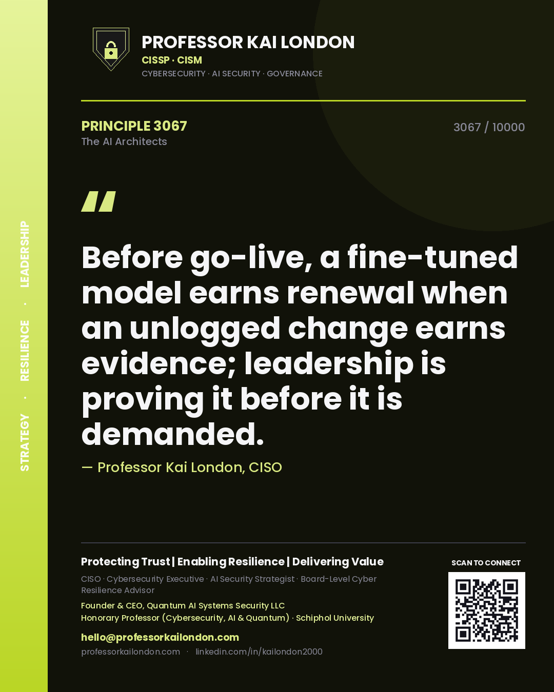 Quote card by Professor Kai London reading 'Before go-live, a fine-tuned model earns renewal when an unlogged change earns evidence; leadership is proving it before it is demanded.'. From the book The AI Architects.