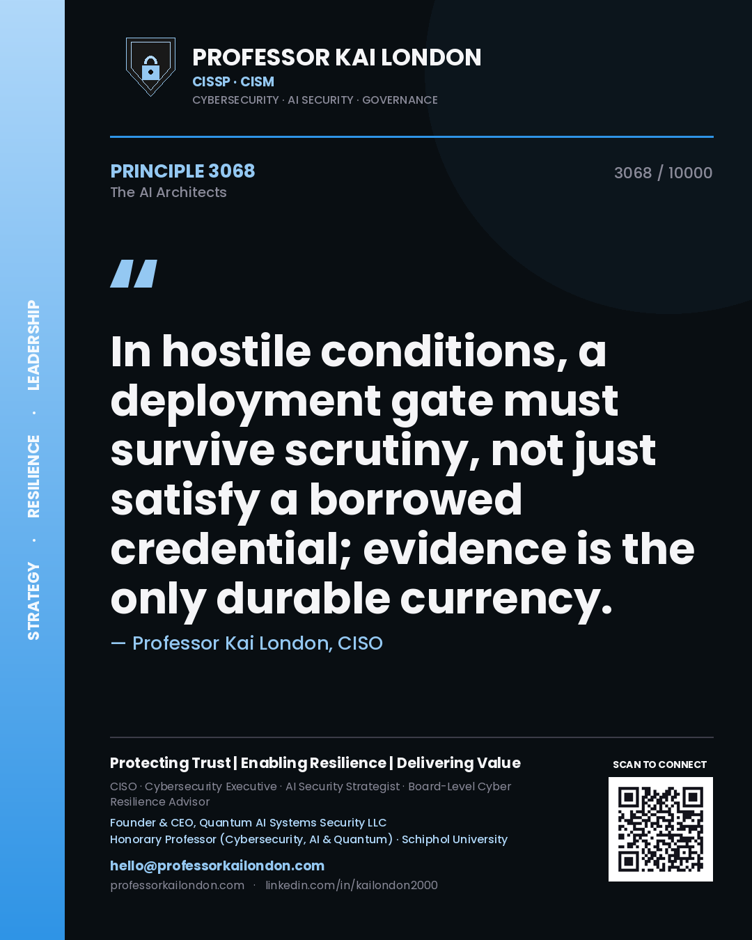 Quote card by Professor Kai London reading 'In hostile conditions, a deployment gate must survive scrutiny, not just satisfy a borrowed credential; evidence is the only durable currency.'. From the book The AI Architects.