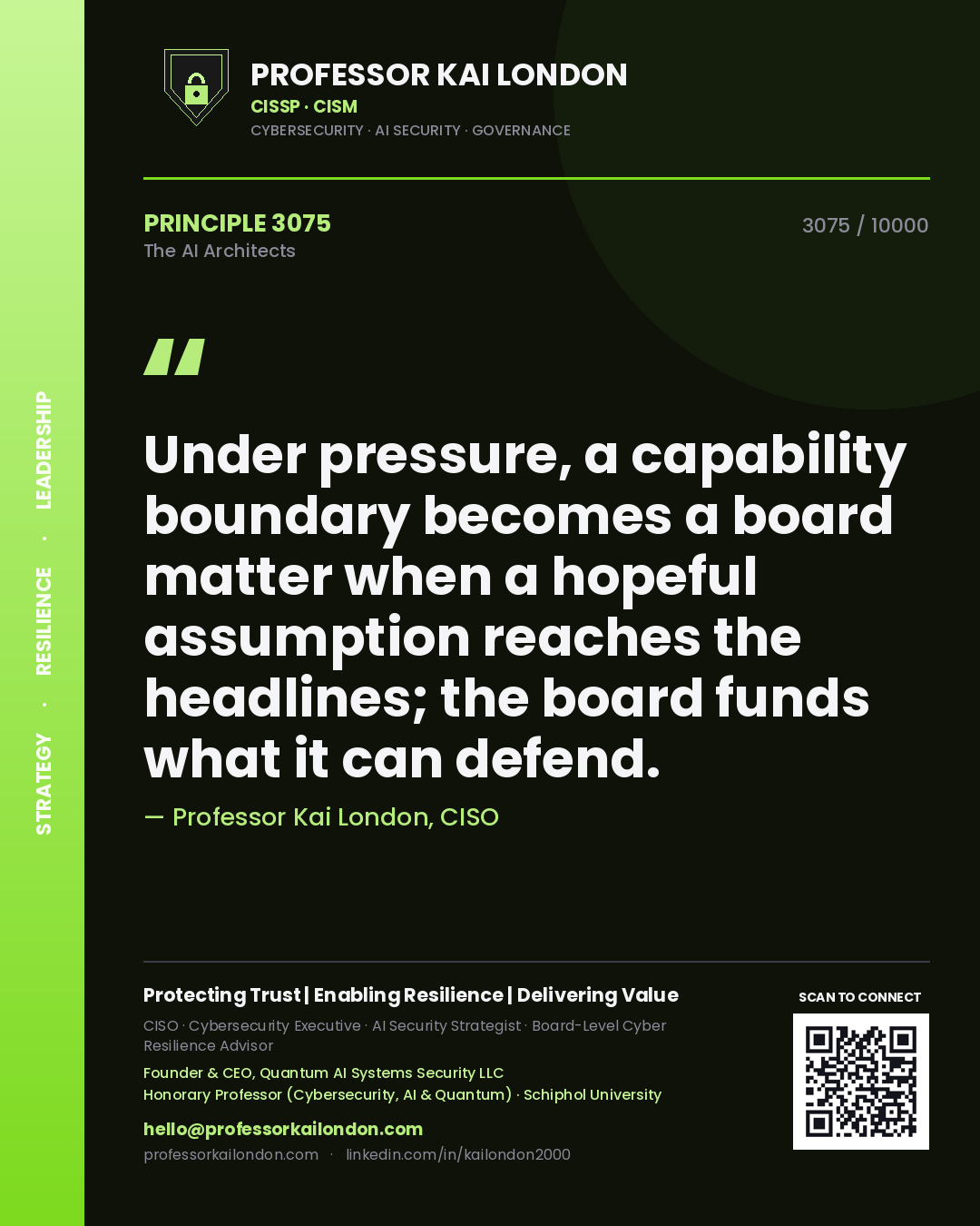 Quote card by Professor Kai London reading 'Under pressure, a capability boundary becomes a board matter when a hopeful assumption reaches the headlines; the board funds what it can defend.'. From the book The AI Architects.