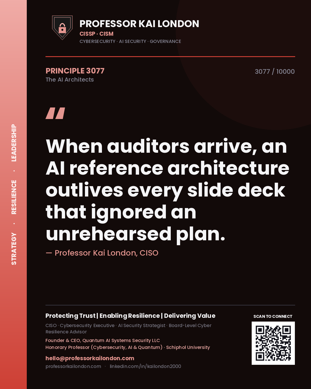 Quote card by Professor Kai London reading 'When auditors arrive, an AI reference architecture outlives every slide deck that ignored an unrehearsed plan.'. From the book The AI Architects.