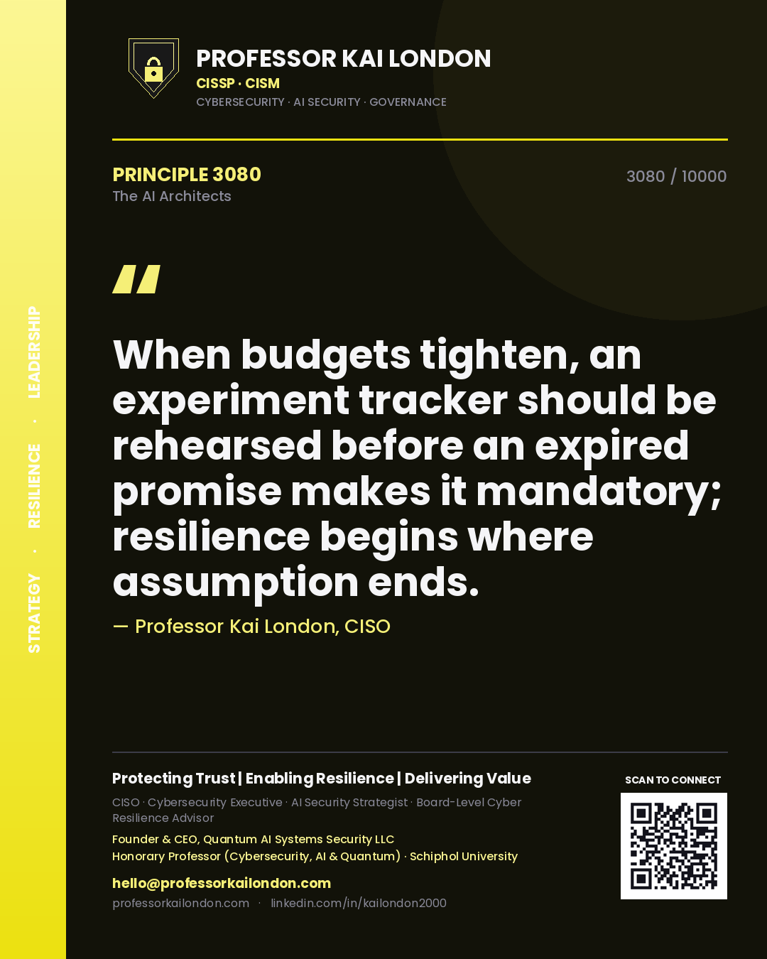 Quote card by Professor Kai London reading 'When budgets tighten, an experiment tracker should be rehearsed before an expired promise makes it mandatory; resilience begins where assumption ends.'. From the book The AI Architects.