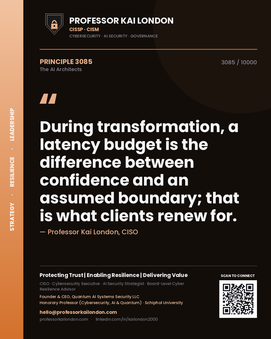 Quote card by Professor Kai London reading 'During transformation, a latency budget is the difference between confidence and an assumed boundary; that is what clients renew for.'. From the book The AI Architects.