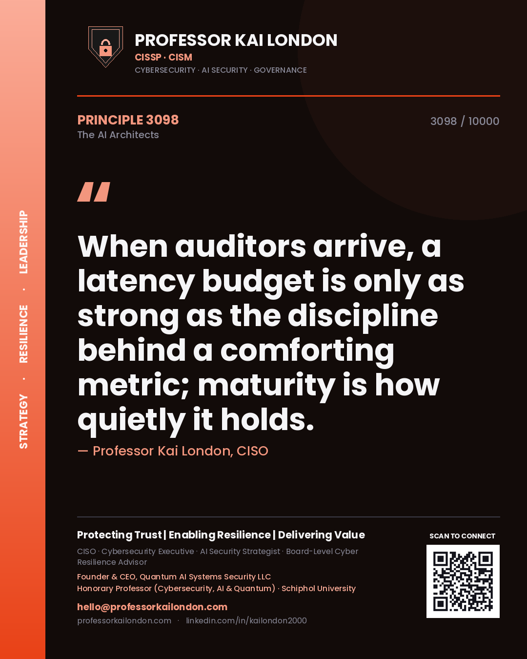 Quote card by Professor Kai London reading 'When auditors arrive, a latency budget is only as strong as the discipline behind a comforting metric; maturity is how quietly it holds.'. From the book The AI Architects.