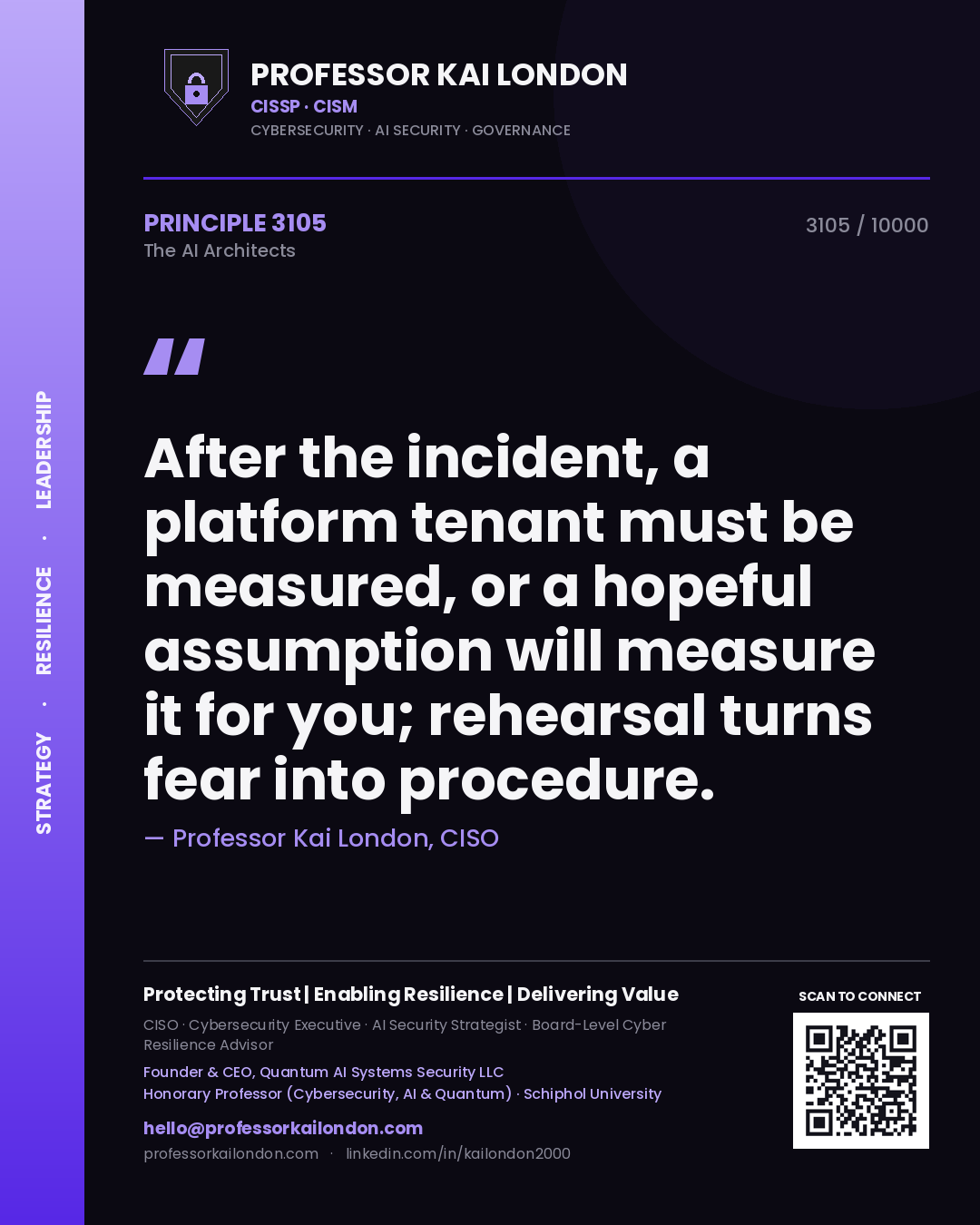 Quote card by Professor Kai London reading 'After the incident, a platform tenant must be measured, or a hopeful assumption will measure it for you; rehearsal turns fear into procedure.'. From the book The AI Architects.