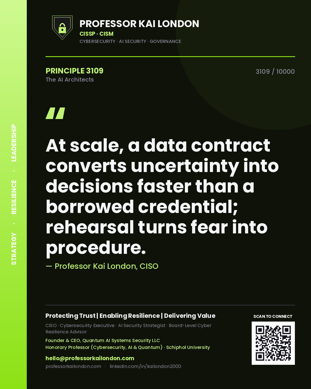 Quote card by Professor Kai London reading 'At scale, a data contract converts uncertainty into decisions faster than a borrowed credential; rehearsal turns fear into procedure.'. From the book The AI Architects.
