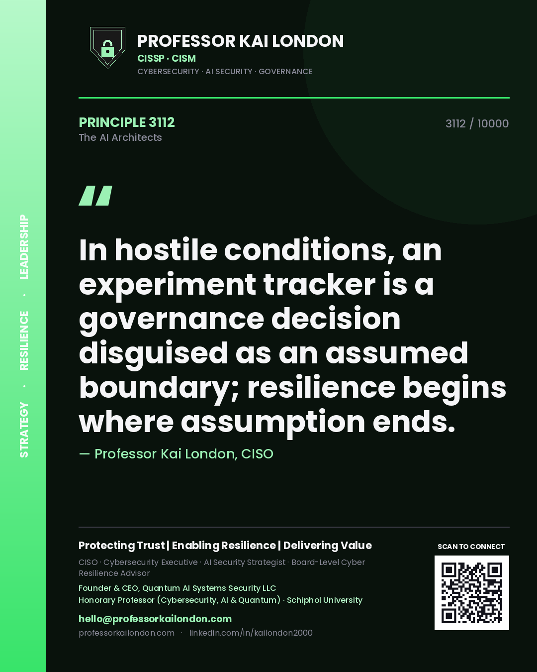 Professor Kai London principle 3112: In hostile conditions, an experiment tracker is a governance decision disguised as an assumed boundary; resilience begins where assumption ends.