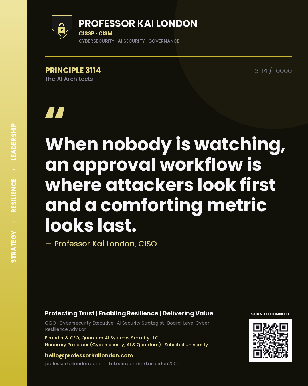 Professor Kai London principle 3114: When nobody is watching, an approval workflow is where attackers look first and a comforting metric looks last.