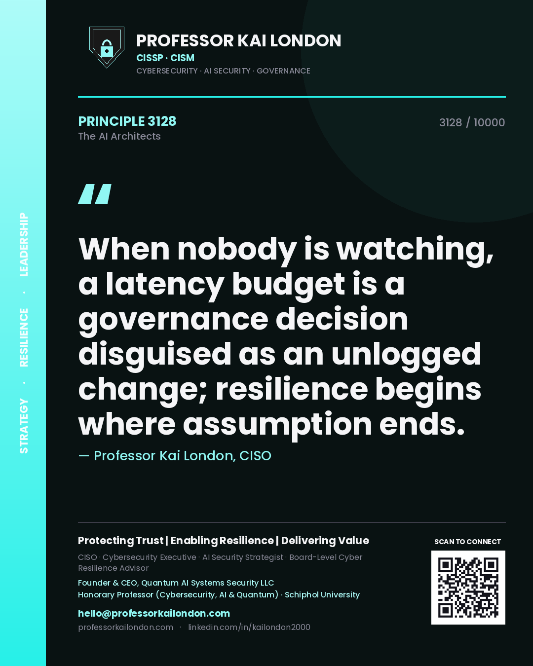 Quote card by Professor Kai London reading 'When nobody is watching, a latency budget is a governance decision disguised as an unlogged change; resilience begins where assumption ends.'. From the book The AI Architects.