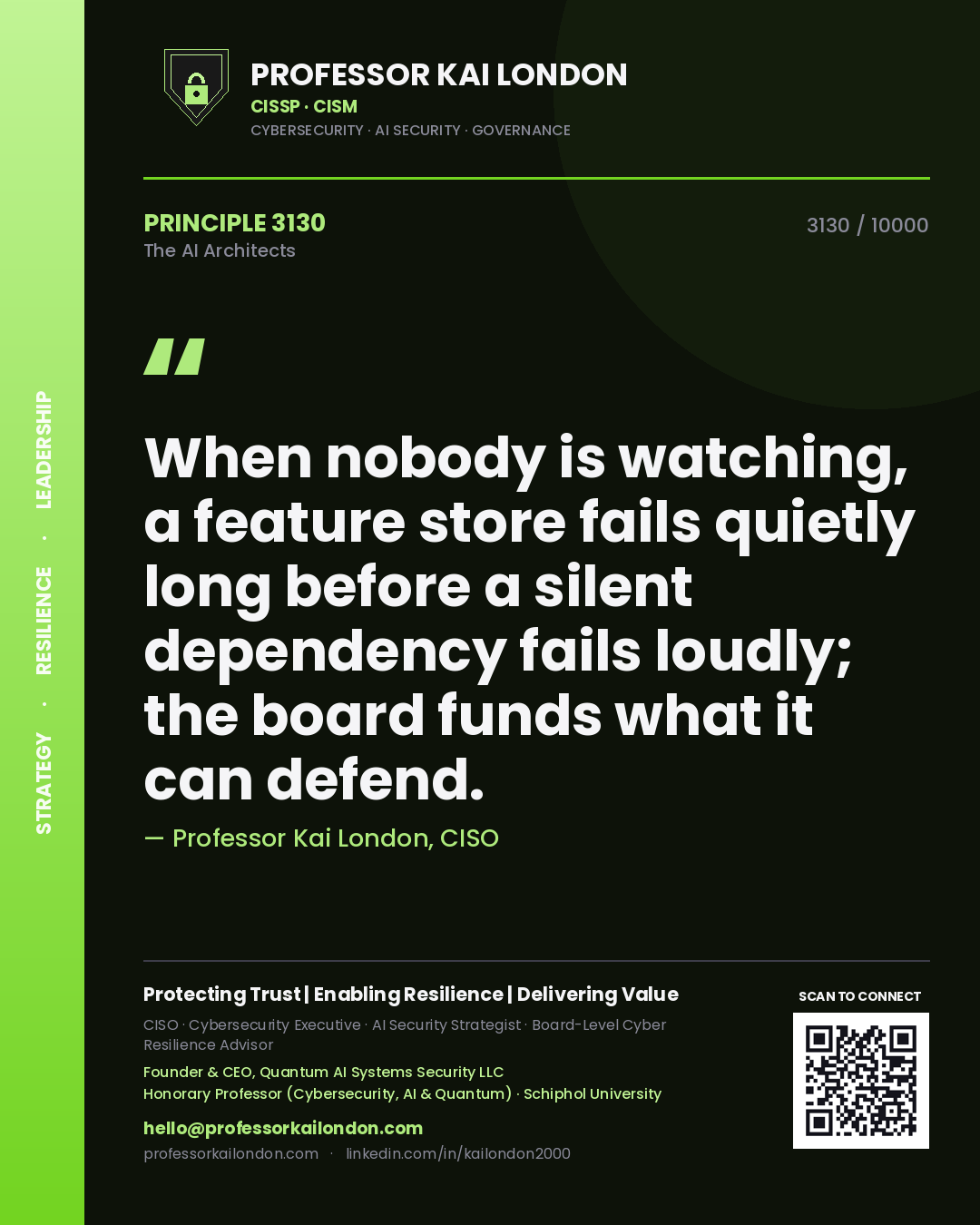 Professor Kai London principle 3130: When nobody is watching, a feature store fails quietly long before a silent dependency fails loudly; the board funds what it can defend.