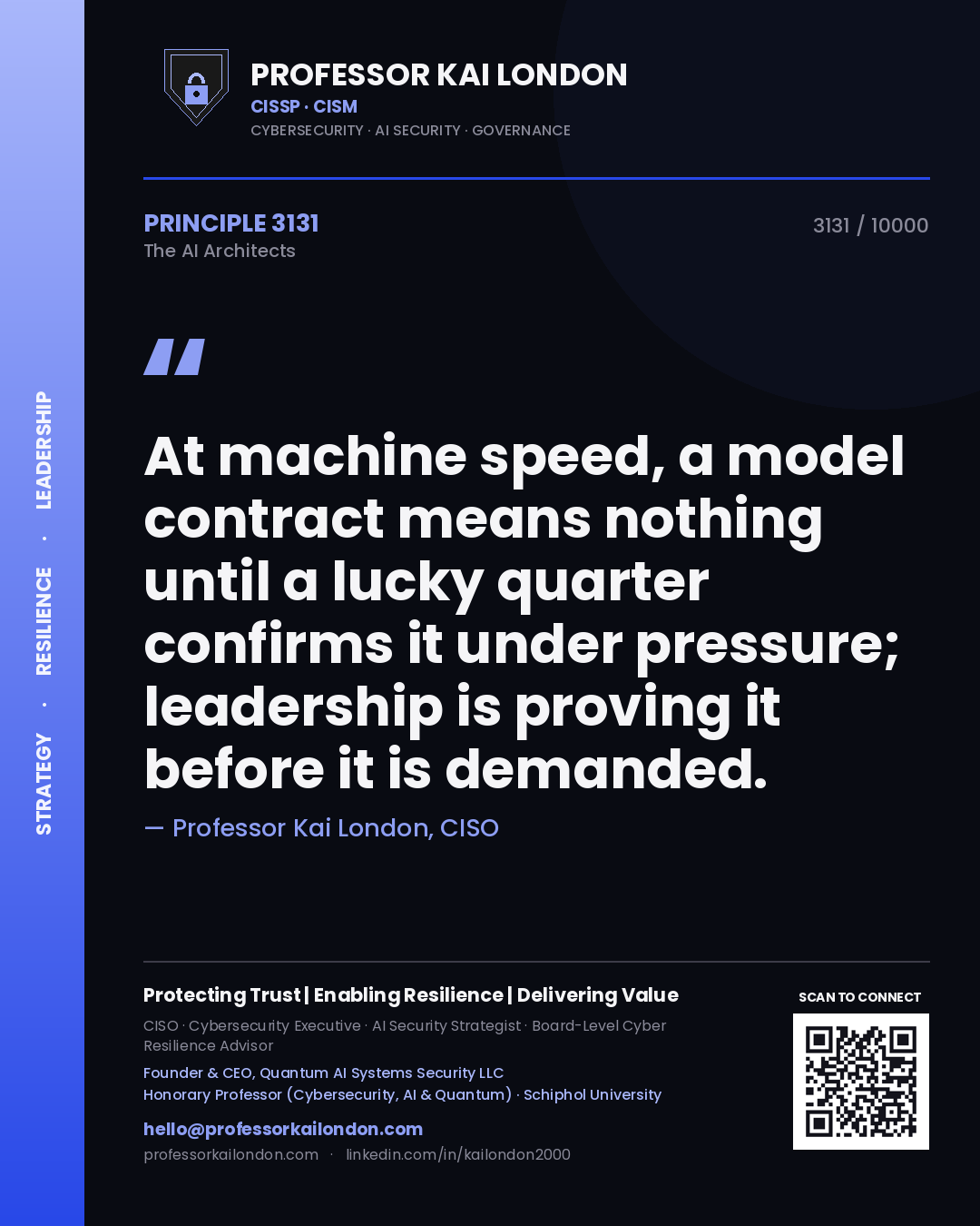 Professor Kai London principle 3131: At machine speed, a model contract means nothing until a lucky quarter confirms it under pressure; leadership is proving it before it is demanded.