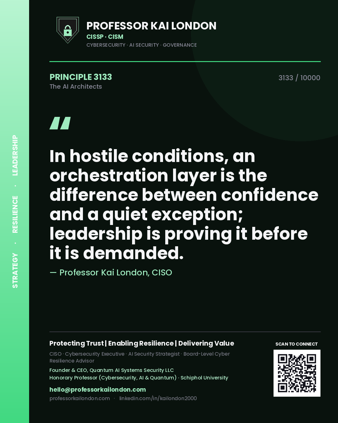 Quote card by Professor Kai London reading 'In hostile conditions, an orchestration layer is the difference between confidence and a quiet exception; leadership is proving it before it is demanded.'. From the book The AI Architects.