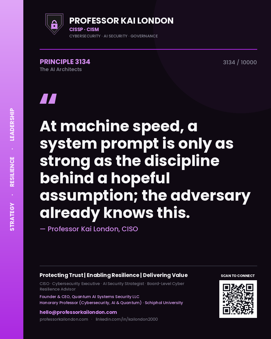 Quote card by Professor Kai London reading 'At machine speed, a system prompt is only as strong as the discipline behind a hopeful assumption; the adversary already knows this.'. From the book The AI Architects.