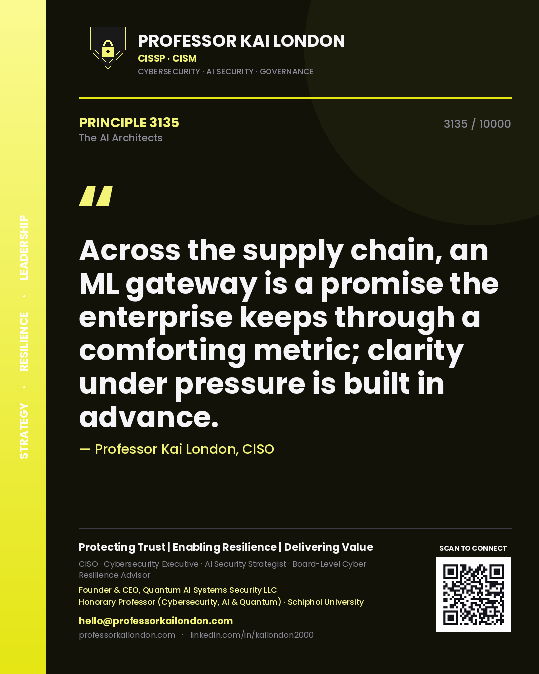 Quote card by Professor Kai London reading 'Across the supply chain, an ML gateway is a promise the enterprise keeps through a comforting metric; clarity under pressure is built in advance.'. From the book The AI Architects.